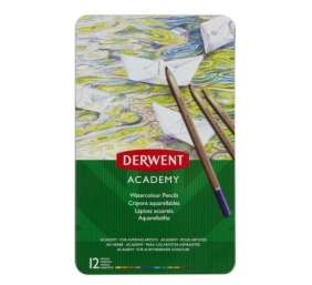 Akvarelinių pieštukų rinkinys Derwent Academy, 12 spalvų, metalinėje dėžutėje