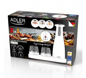 Adler | Electric Salt and pepper grinder | AD 4449w | Grinder | 7 W | Housing material ABS plastic | Lithium | Mills with ceramic querns; Charging light; Auto power off after: 3 minutes; Fully charged for 120 minutes of continuous use; Charging time: 2.5 