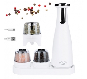 Adler | Electric Salt and pepper grinder | AD 4449w | Grinder | 7 W | Housing material ABS plastic | Lithium | Mills with ceramic querns; Charging light; Auto power off after: 3 minutes; Fully charged for 120 minutes of continuous use; Charging time: 2.5 