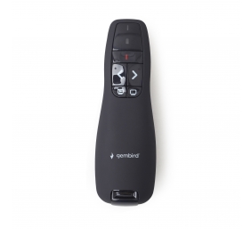 Gembird | Wireless presenter with laser pointer | WP-L-02 | Black | Depth 25 mm | Height 105 mm | Red laser pointer. 4 buttons to control most used PowerPoint presentation functions. Interface: USB. Presenter control distance: up to 10 m. | Yes | Weight 8